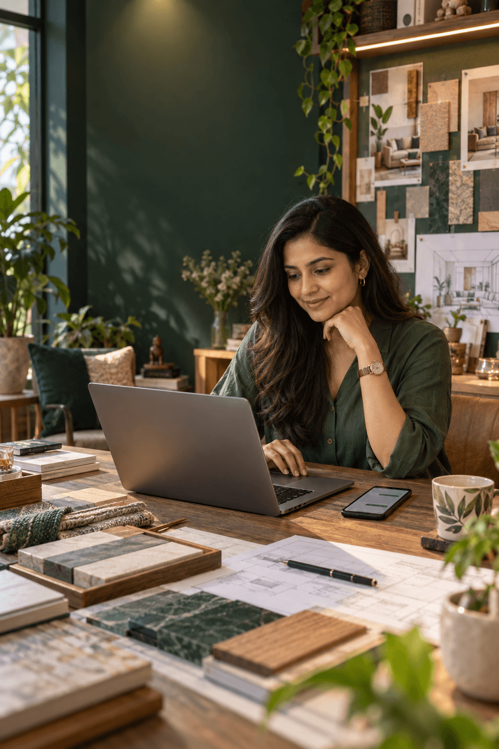 Indian interior designer working with material samples and a laptop